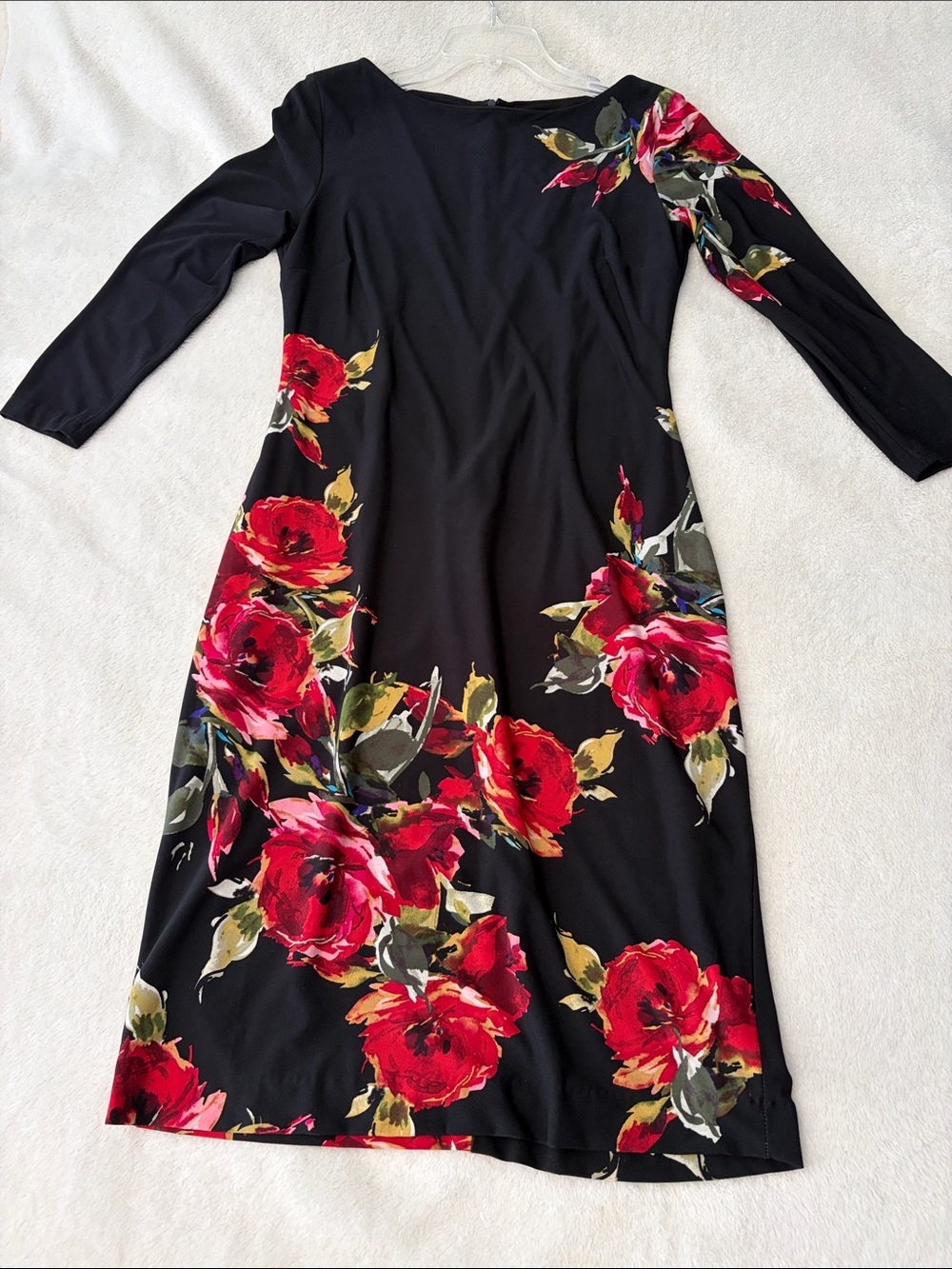 Cache Black Midi Dress with Red Rose Print